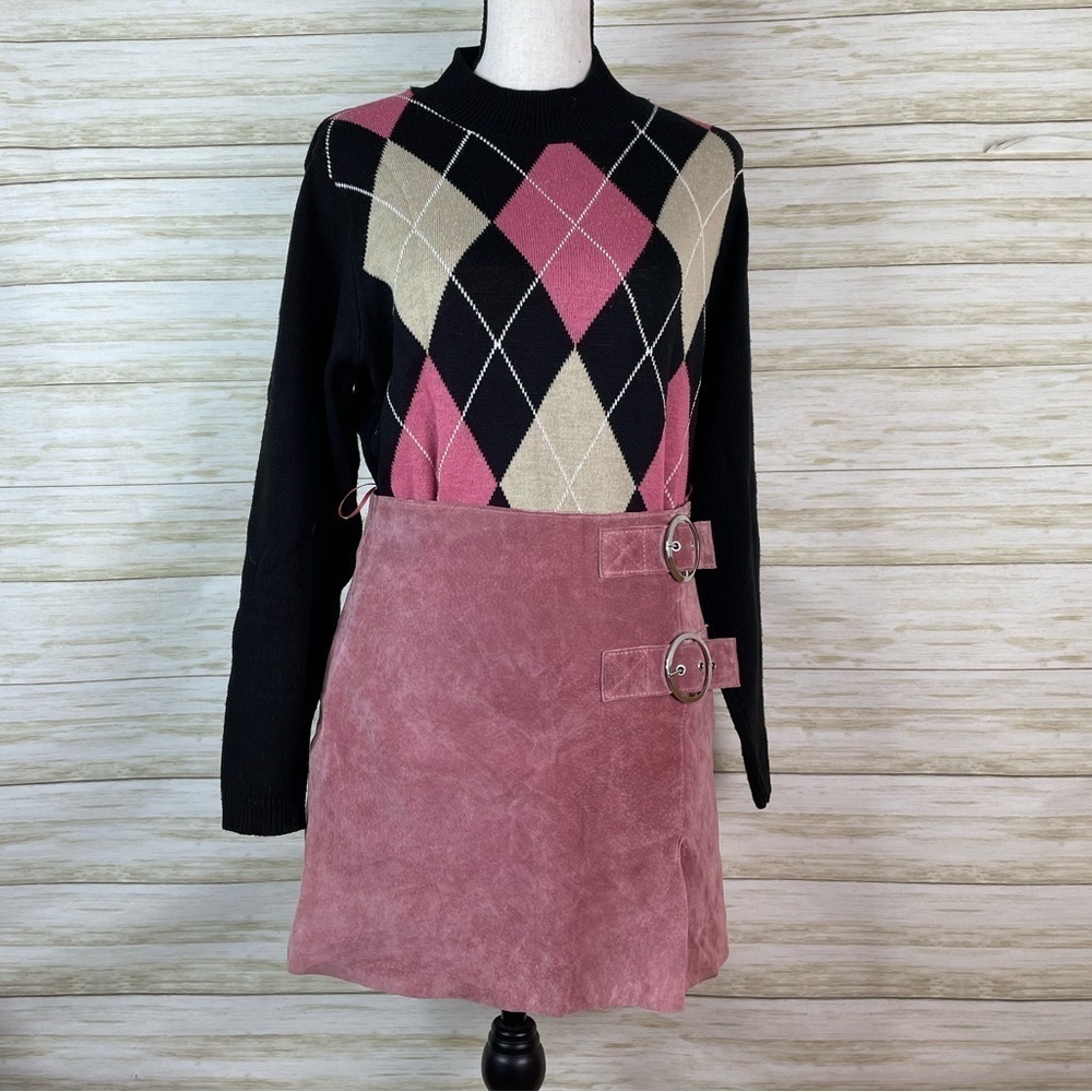 Mango MNG Pink Genuine Pigskin Leather Suede Buckled Mini Skirt